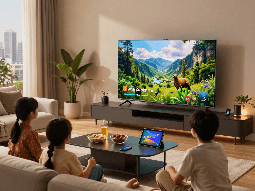 Une famille utilisant le téléviseur Atlas pro ontv dans un salon moderne, créant des moments de convivialité.