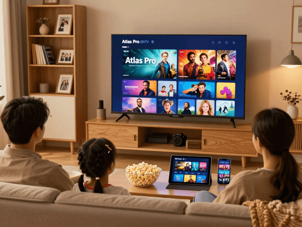 Famille profitant de l'application Atlas Pro ONTV pour le streaming de films.