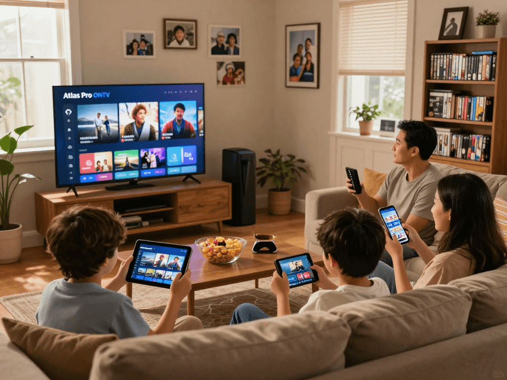 Expérience familiale de divertissement avec Atlas Pro ONTV sur un grand écran de télévision dans un salon accueillant