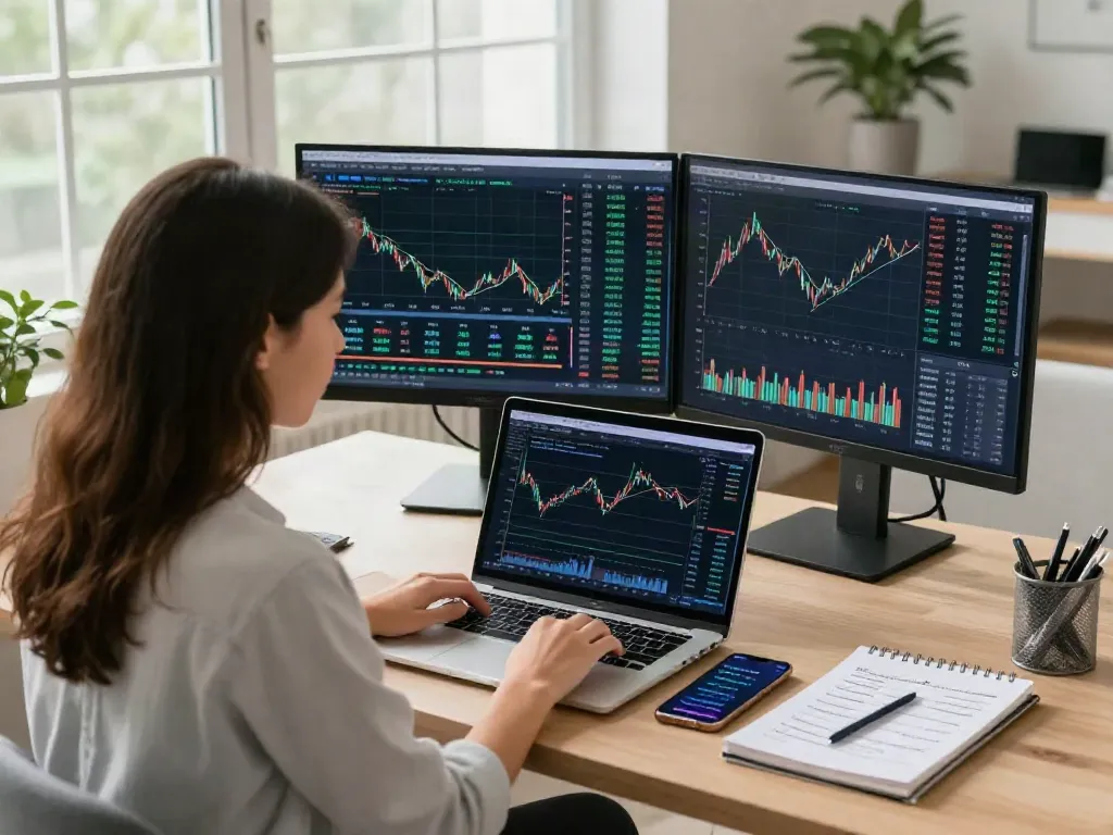 Essor Invexaro : femme trader analysant les tendances du marché dans un bureau lumineux.