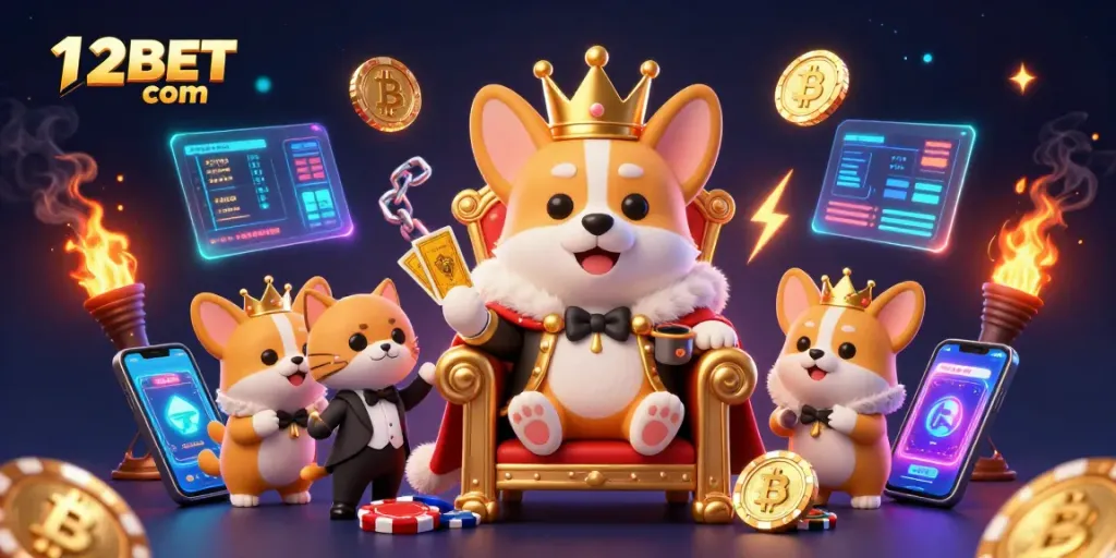 Experience exciting gaming at 12BET com with a royal corgi surrounded by vibrant casino elements.