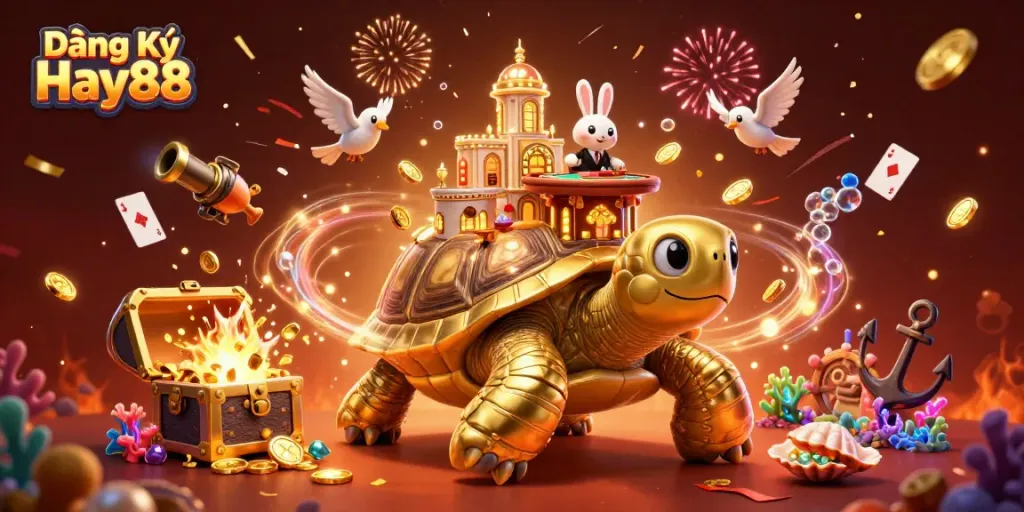 Experience the excitement of Đăng Ký Hay88 through a vibrant online casino scene with golden coins and colorful gems.