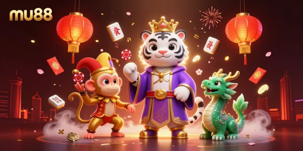 Experience the thrill of mu88 in a vibrant 3D casino scene with animated characters and rich elements.