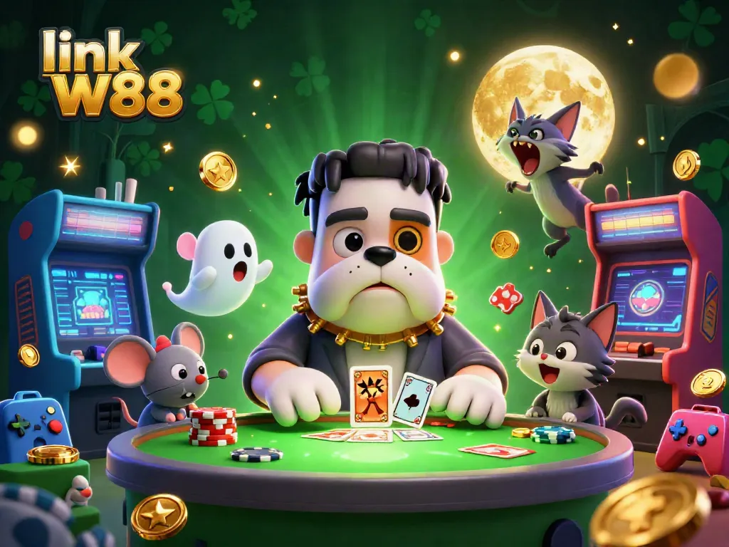 Experience thrilling gameplay at link W88, featuring a lively casino scene with 3D characters and gaming elements.