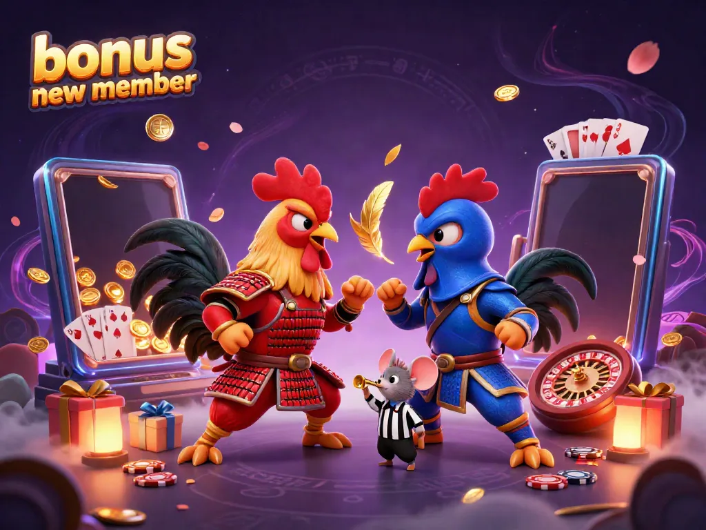 Engage with exciting slot games, showcasing "bonus new member" with vibrant 3D roosters in action.
