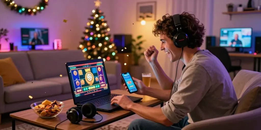 Gamer merayakan kemenangan slot dengan laptop dan smartphone di ruang tamu yang meriah.