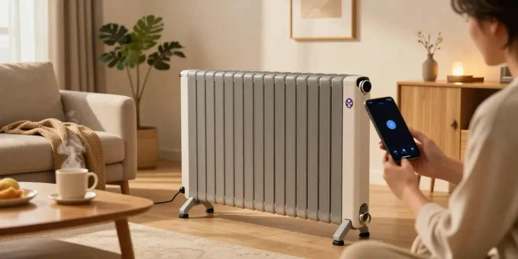 Radiateur à inertie sèche ajusté via smartphone dans un salon accueillant et moderne.