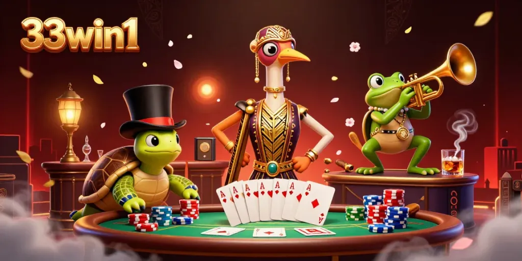 Challenge your luck with 33win1 at a lively 3D casino scene featuring poker elements.
