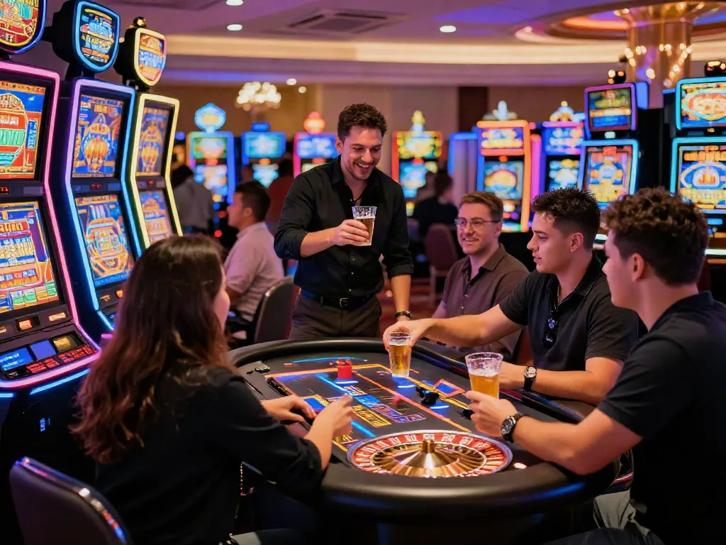 Ambiance Casino Gratuit avec joueurs autour des machines à sous et de la roulette, soirée animée.