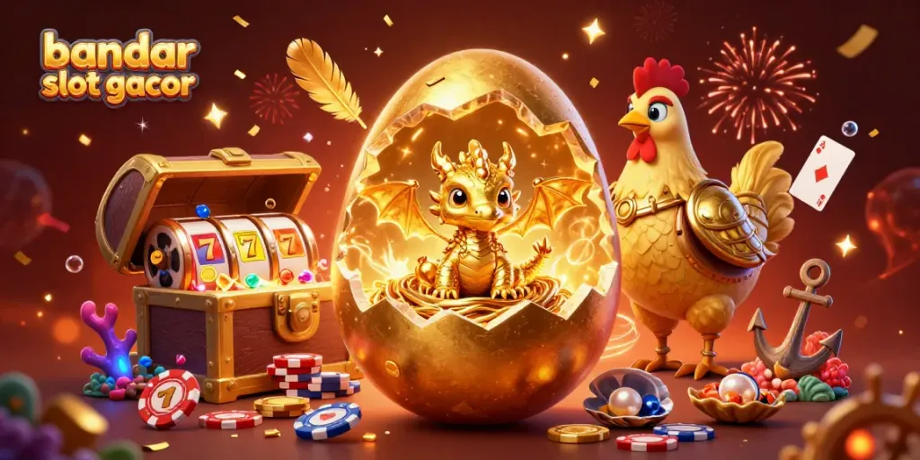 Permainan bandar slot gacor menampilkan naga emas di tengah chip poker dan harta karun yang spektakuler.