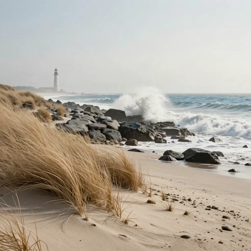 Vagues d’hiver sur une dune basse, phare lointain et herbes couchées par le vent.