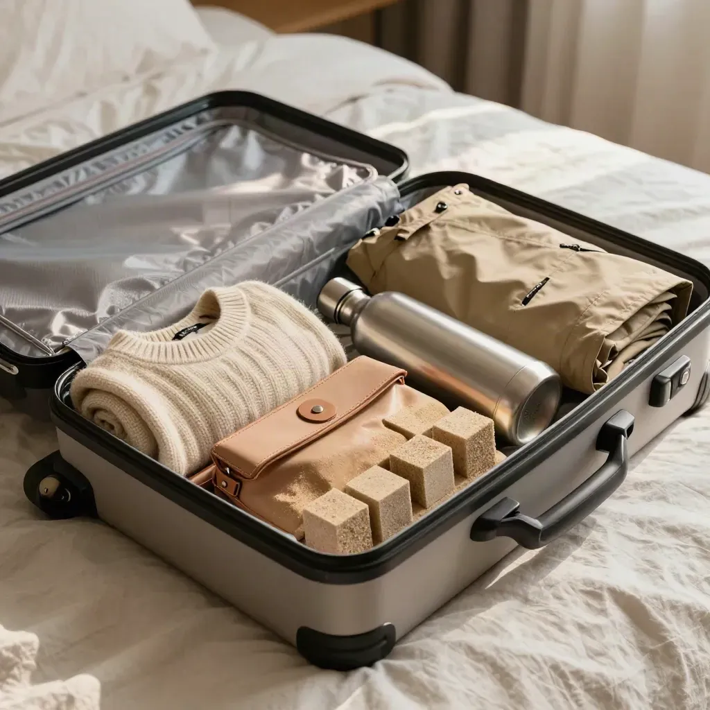 Valise ouverte sur un drap de lin avec cubes, pull, trousse, gourde et veste pluie avant le départ.