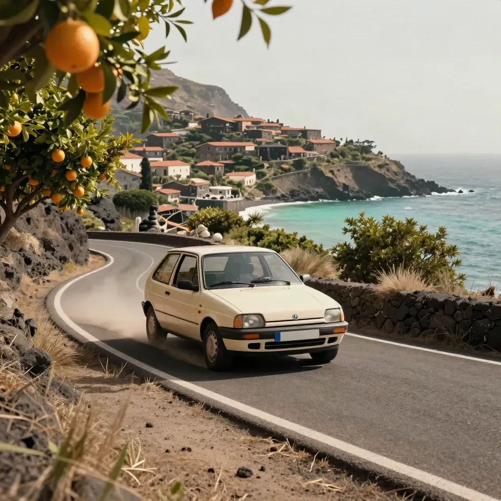 Petite voiture sur route volcanique, village perché et crique azur, chaleur et poussière.