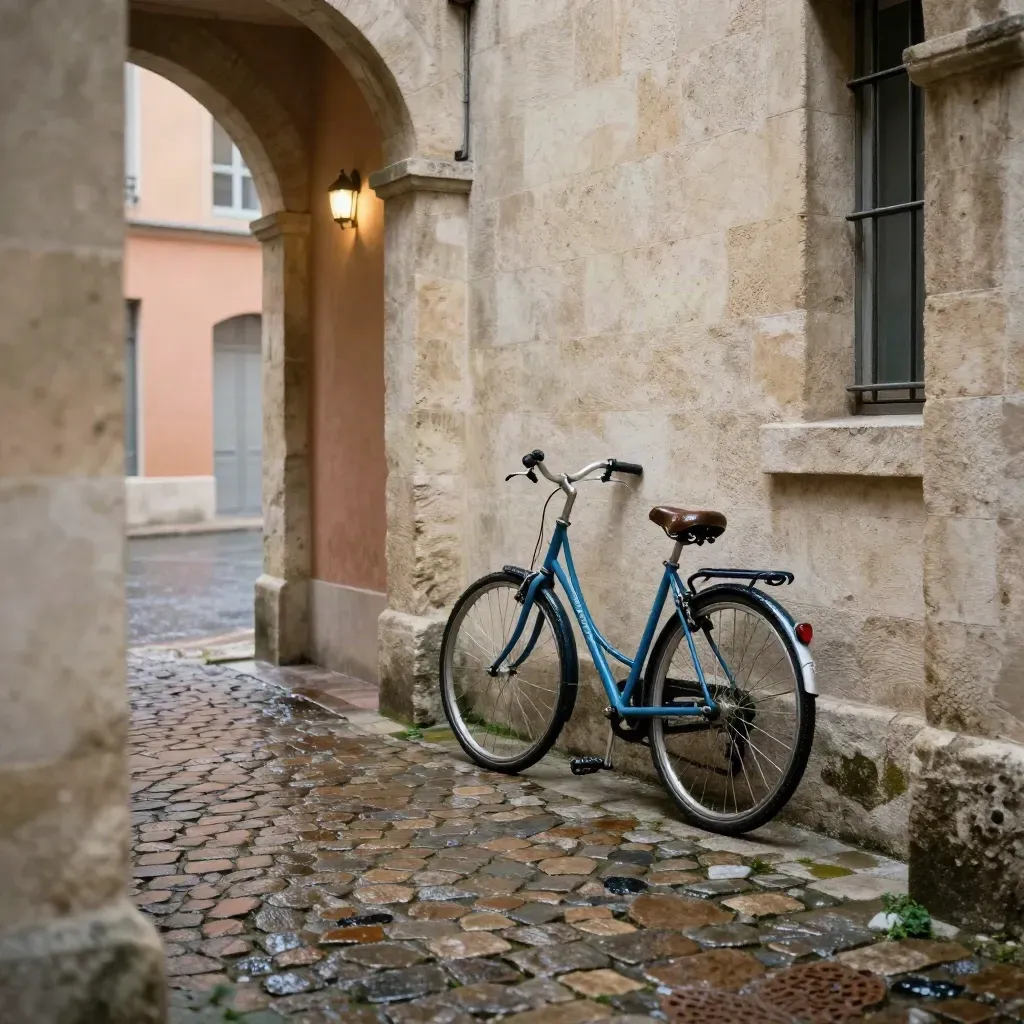 Passage traboule lyonnaise en pierre claire ouvrant sur cour, vélo bleu et façade ocre sous la lumière.