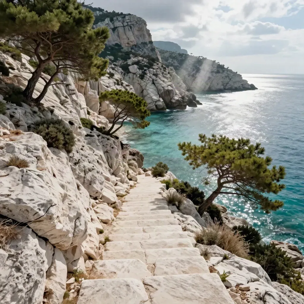 Sentier de calcaire vers une crique turquoise, pins tordus et lumière dramatique.
