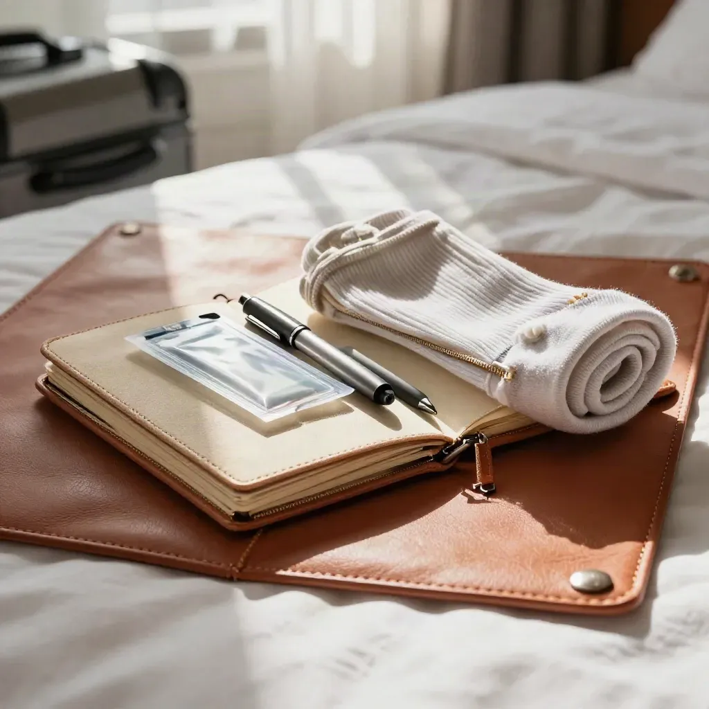 Carnet en toile, pochettes zippées, stylos fins et chaussettes roulées sur lit clair.