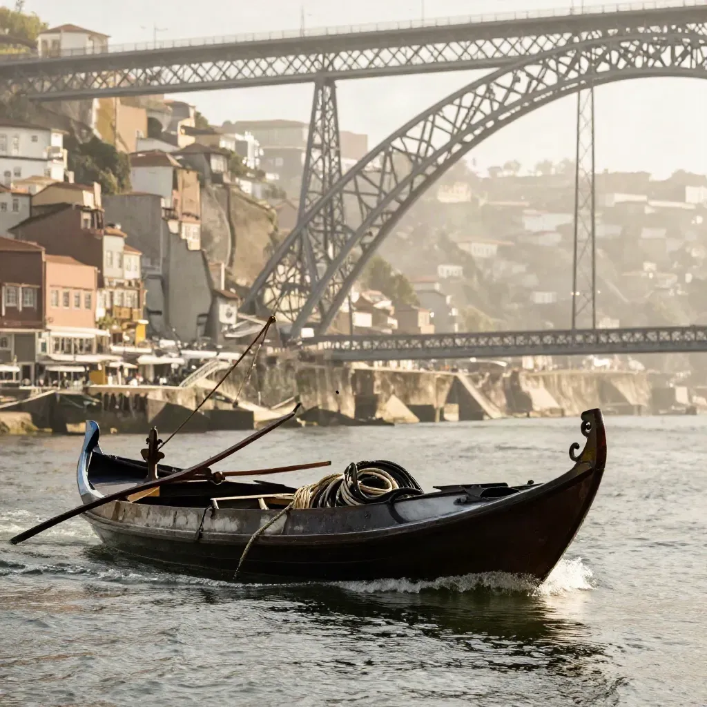 Une barque sous le pont Dom Luís I à Porto, quais en pente et façades pastel.