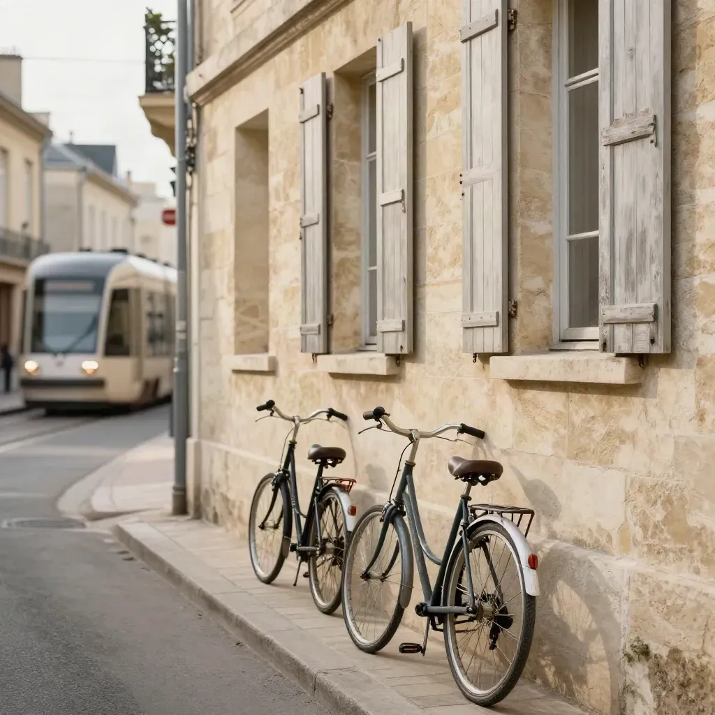 Façade en pierre blonde de Bordeaux, vélos appuyés, volets ouverts et tram flou au fond.