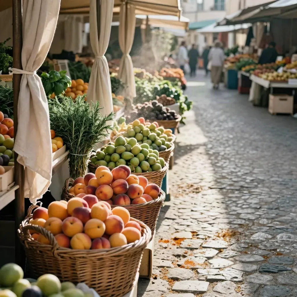 Étals de marché provençal avec fruits, herbes, paniers d’osier et lumière du matin.