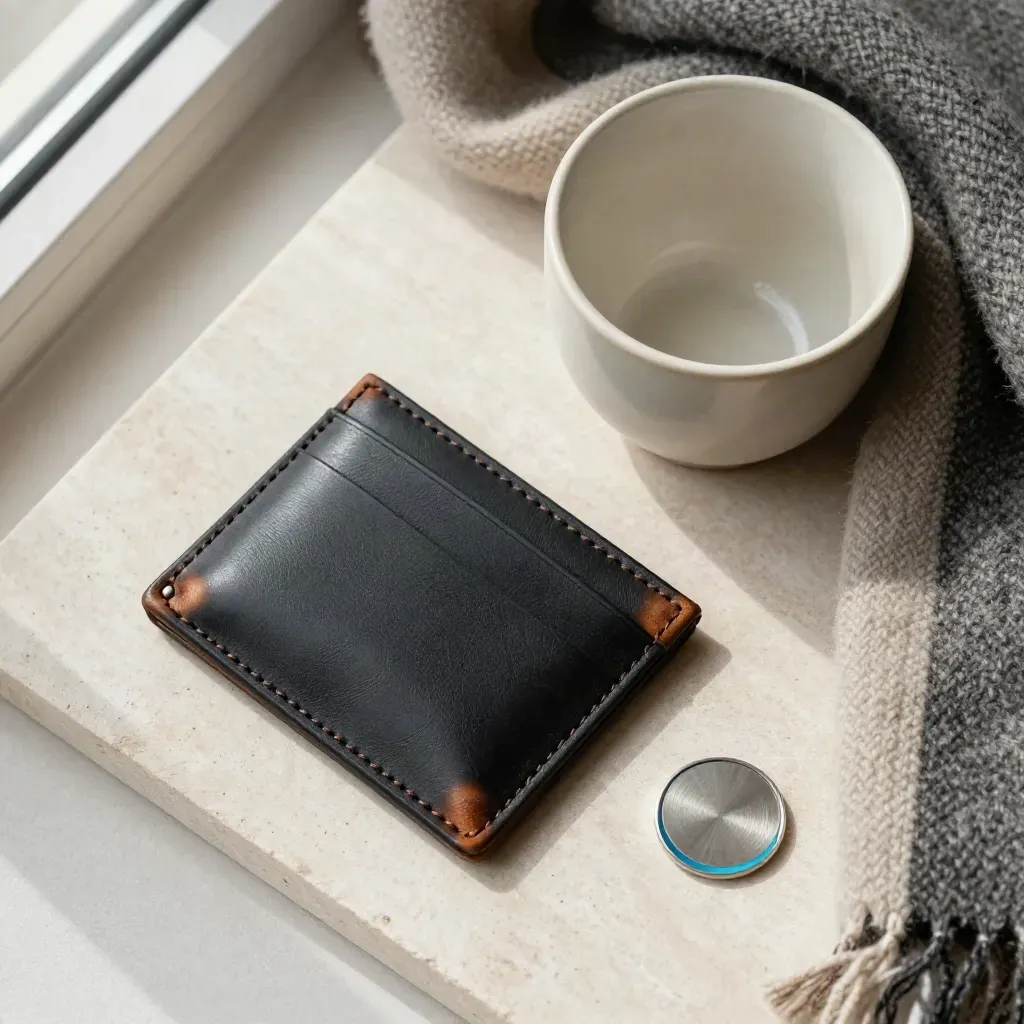 Porte-carte ferroviaire, tasse crème, foulard plié et galet métal sur pierre claire, lumière douce.