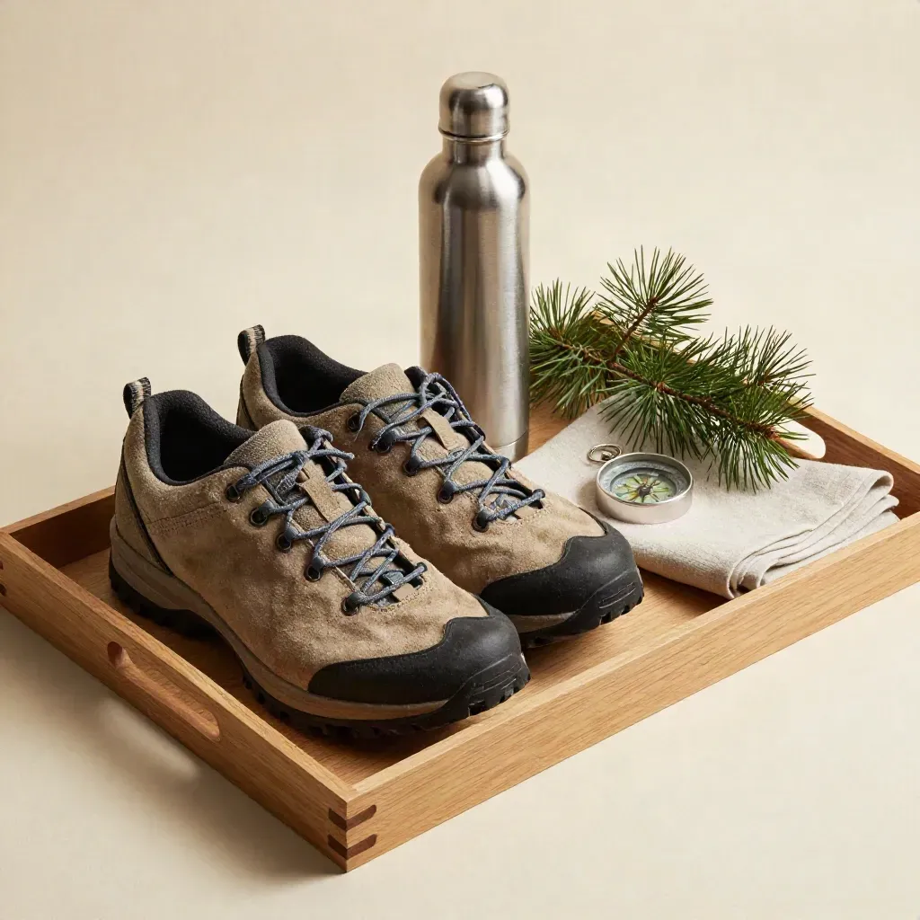 Chaussures de marche, boussole, gourde et branche de pin sur plateau en bois clair