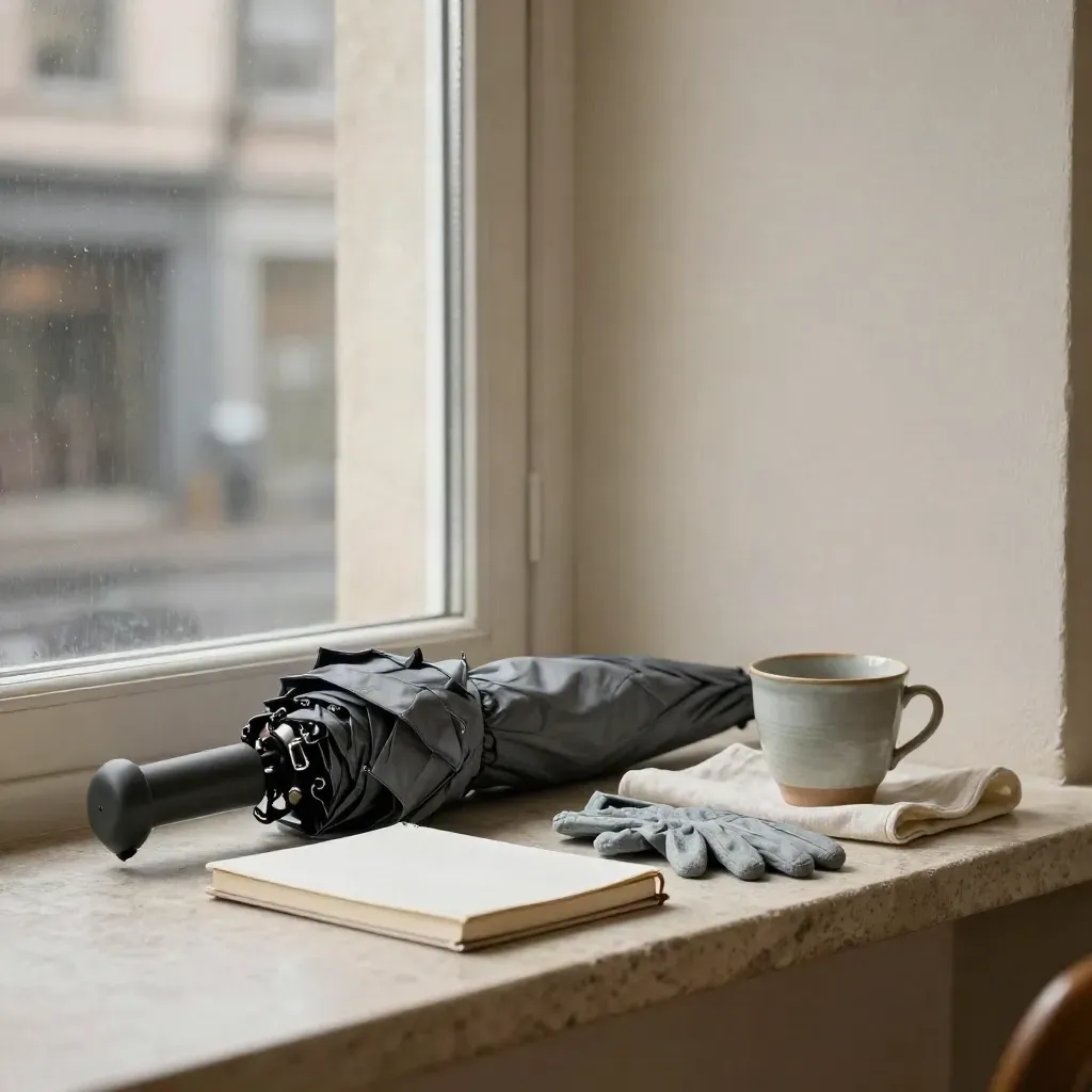 Parapluie gris plié, carnet fermé, gant léger et tasse en grès sur étagère de pierre.