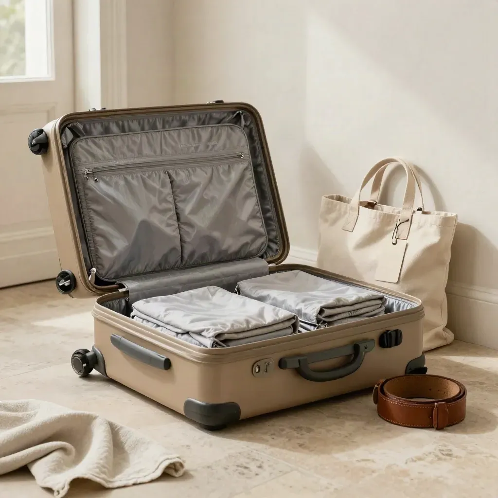 Valise rigide ouverte, cubes de rangement, sac de toile et ceinture roulée sur un sol clair.