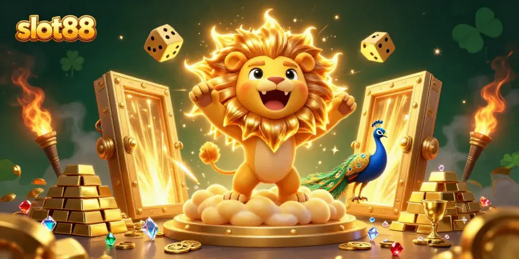 Experience thrilling gameplay with slot88, surrounded by vibrant treasures and animated characters.