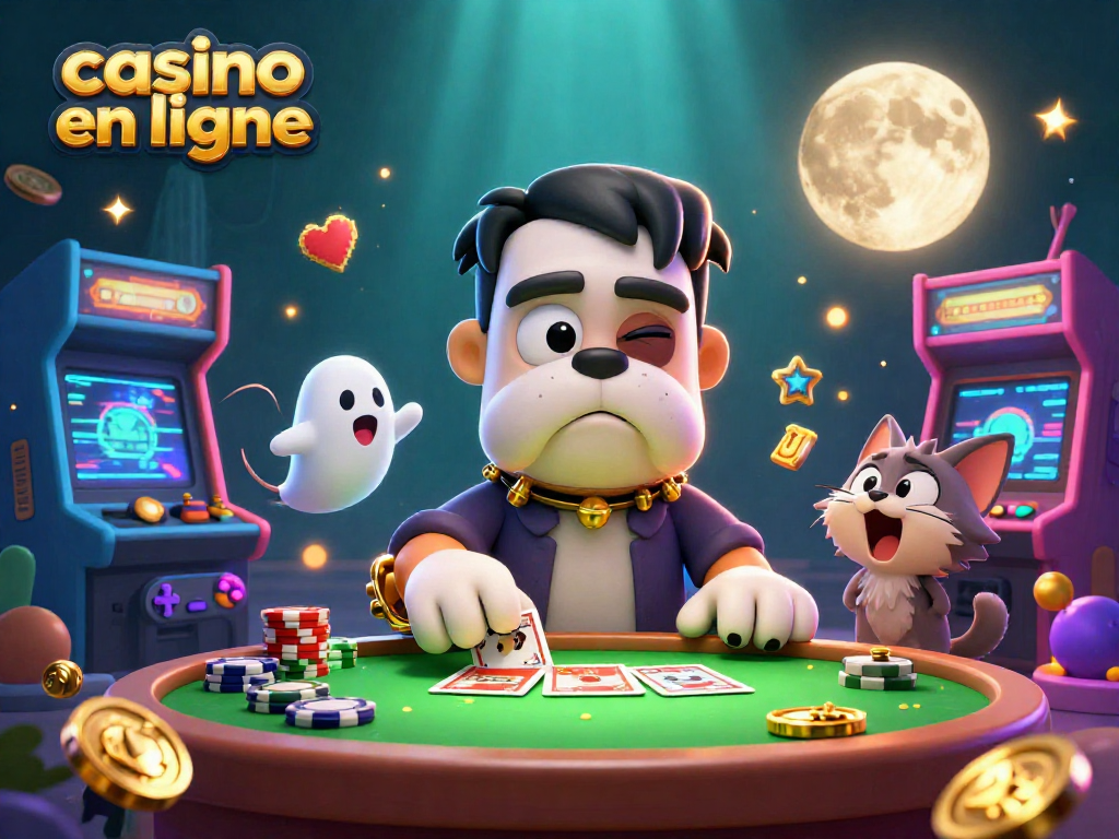 Le casino en ligne vibrant avec un bulldog Frankenstein distribuant des cartes tandis qu'un chat loup hurle à la lune dorée.