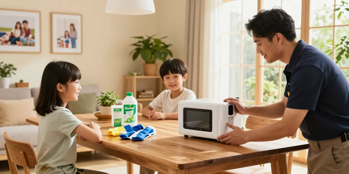 Application de Shashel® pour traiter les insectes dans un salon confortable, montrant une famille et un technicien.