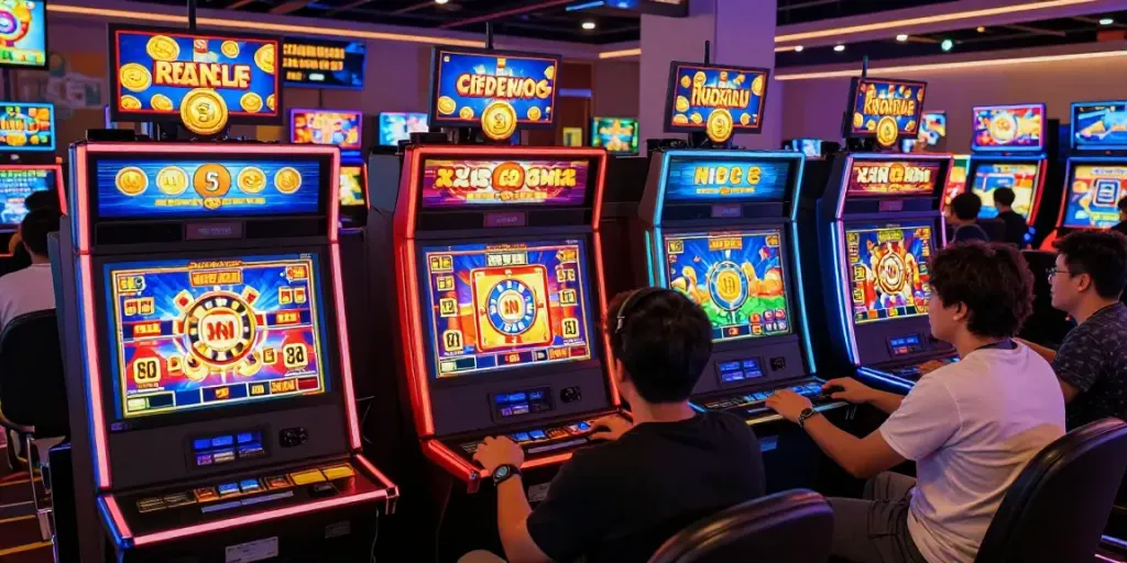 Pemain slot terlibat dalam permainan kasino online dengan mesin slot berwarna-warni dan suasana penuh energi di SIS4D.