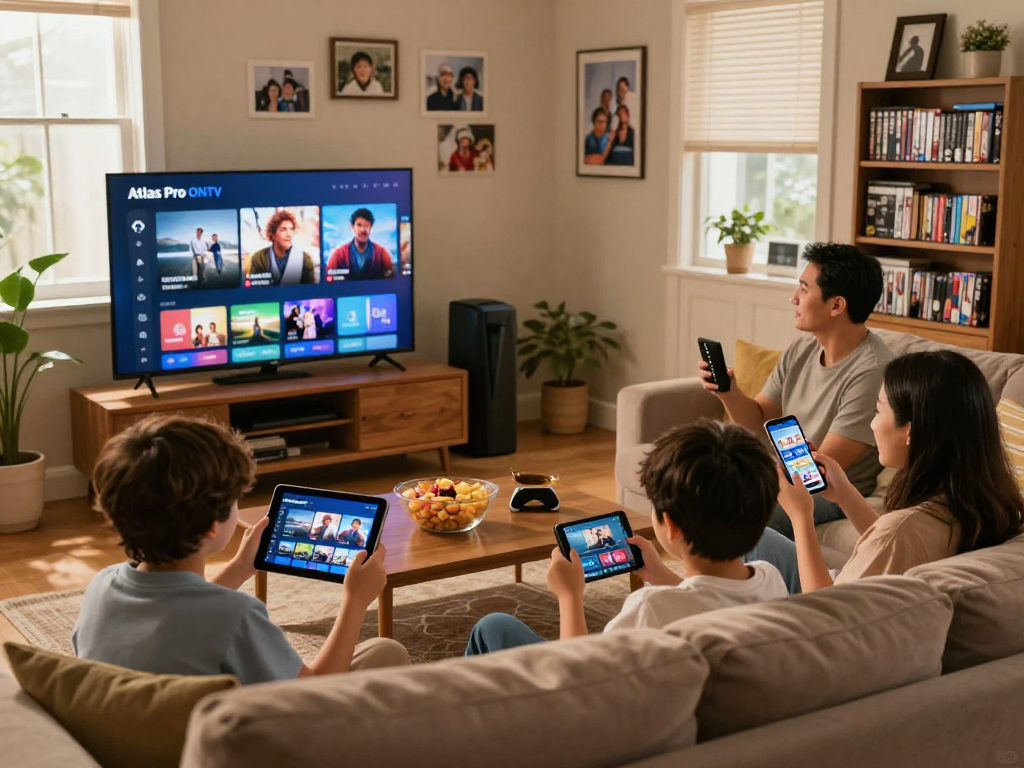 Expérience familiale de divertissement avec Atlas Pro ONTV sur un grand écran de télévision dans un salon accueillant