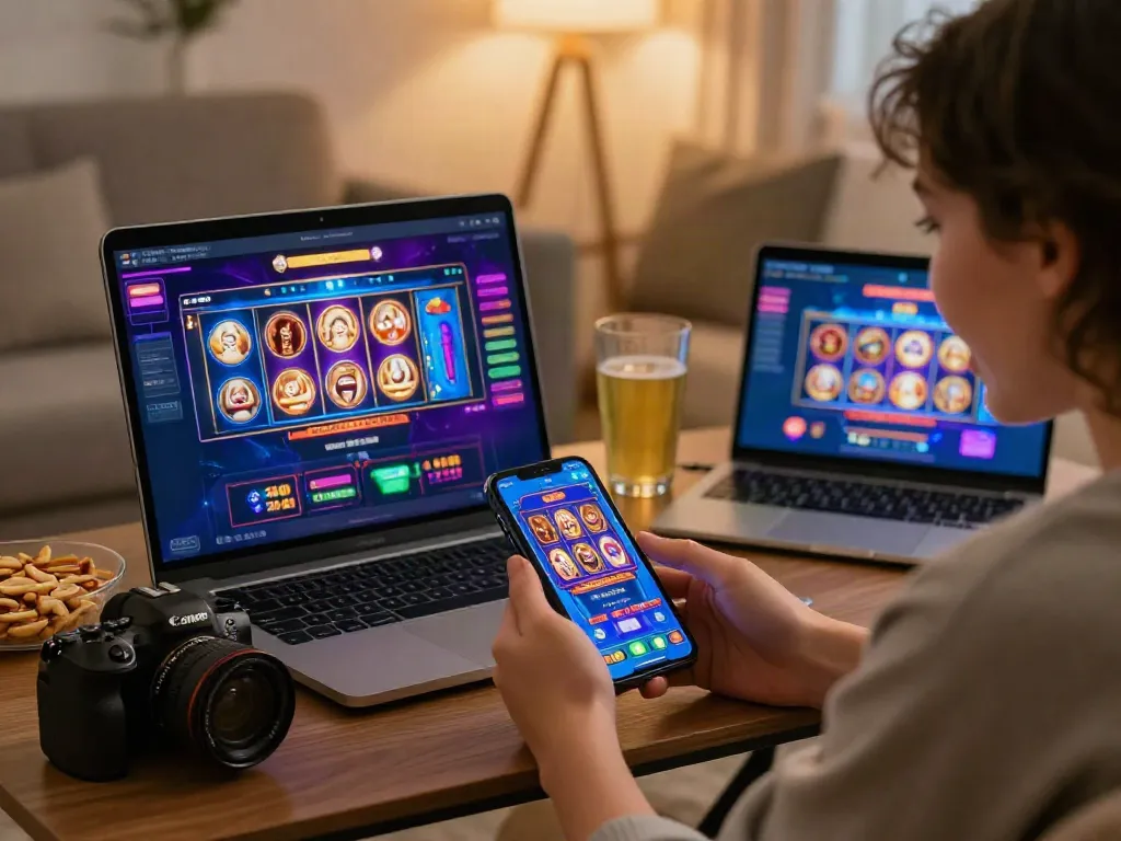 Expérience de jeu immersive sur https://studiobarw.com/ avec des machines à sous colorées et des utilisateurs enthousiastes.
