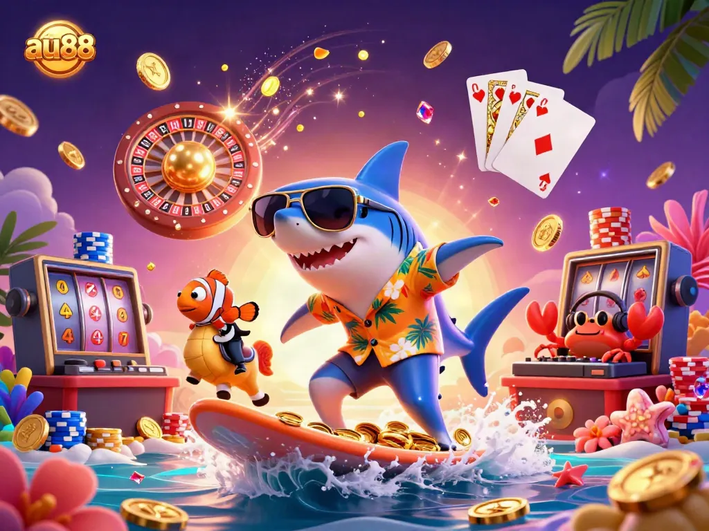 Experience thrilling gaming with au88, featuring vibrant underwater action, a shark, and dynamic casino elements.