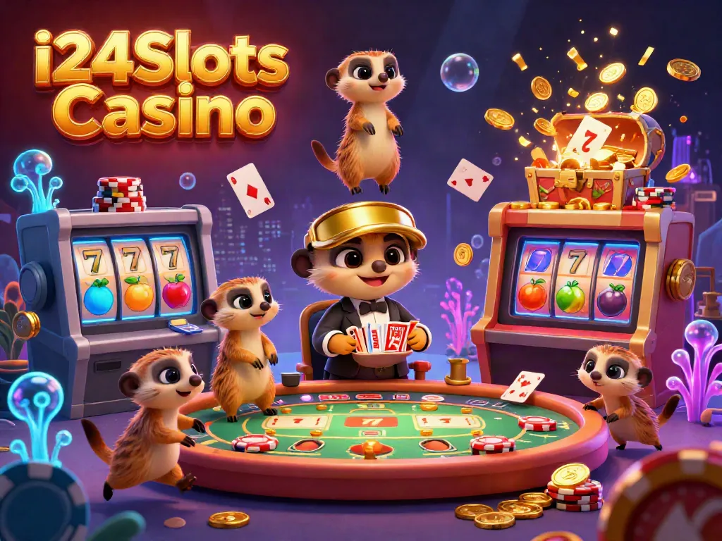 Profitez de l'expérience dynamique d'i24Slots Casino avec des suricates animés et des éléments de machines à sous colorés.