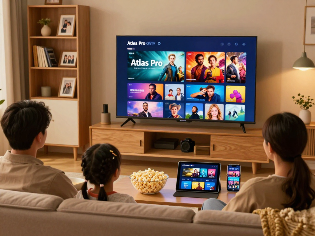 Famille profitant de l'application Atlas Pro ONTV pour le streaming de films.