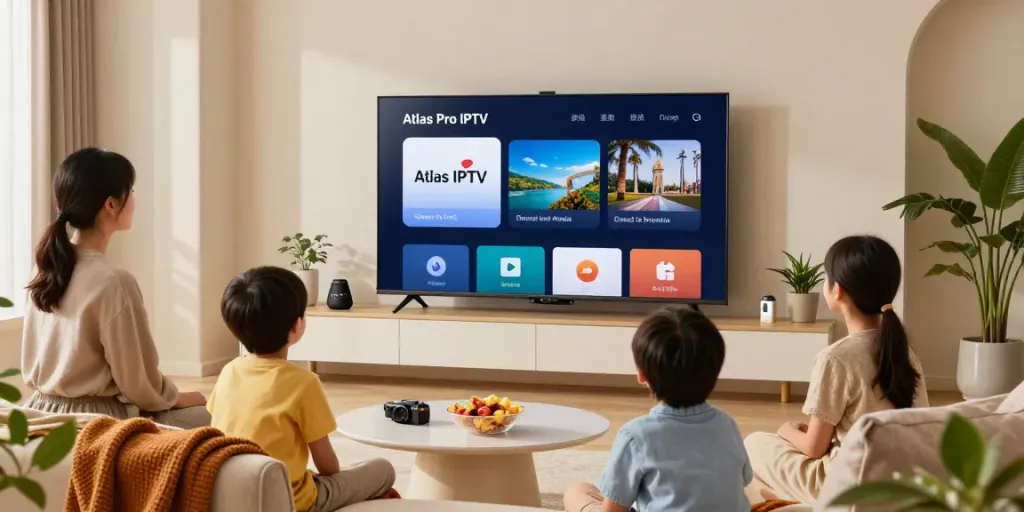 Famille profitant de l'application atlas pro iptv sur leur Smart TV dans un salon moderne.